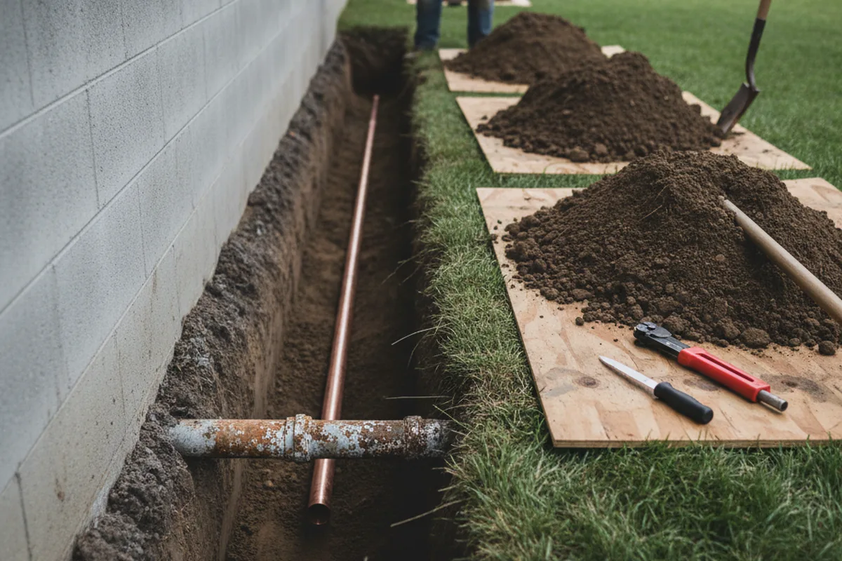 Excavated water line trench during Water Softener Installation in Pleasanton